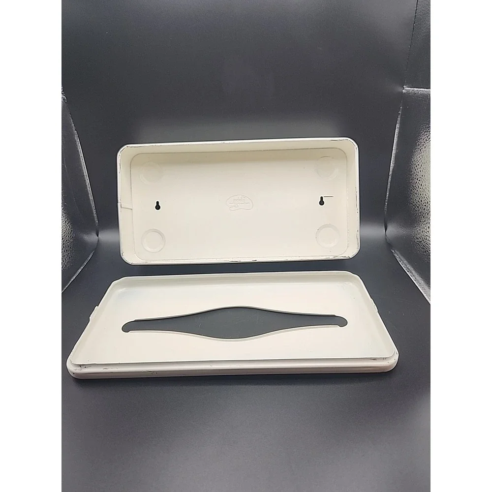 Vintage Ransburg Metal Tissue Box Holder White W/ Gold Leaf Design Mountable